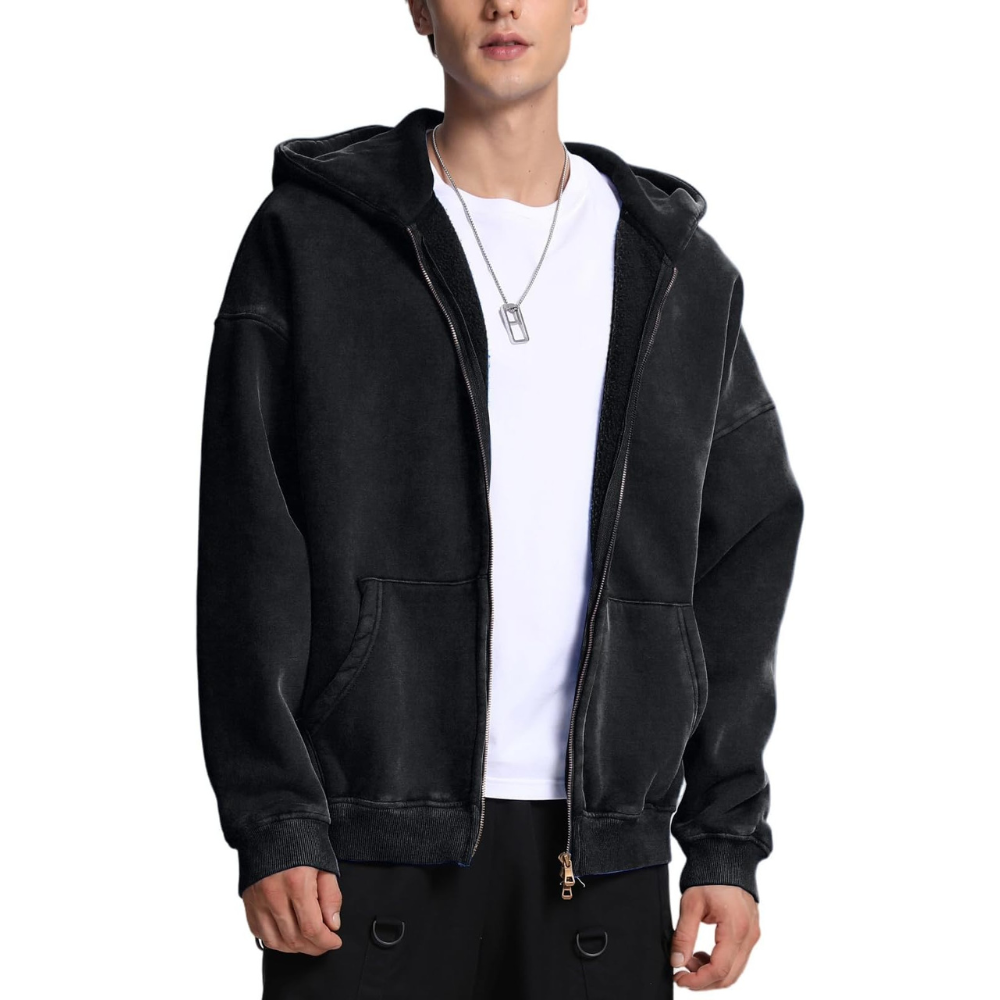 Mens Oversized Zip Up Hoodies Unisex Acid Wash Hoodie Heavyweight Fleece Cotton Zipper Sweatshirt for Men Winter