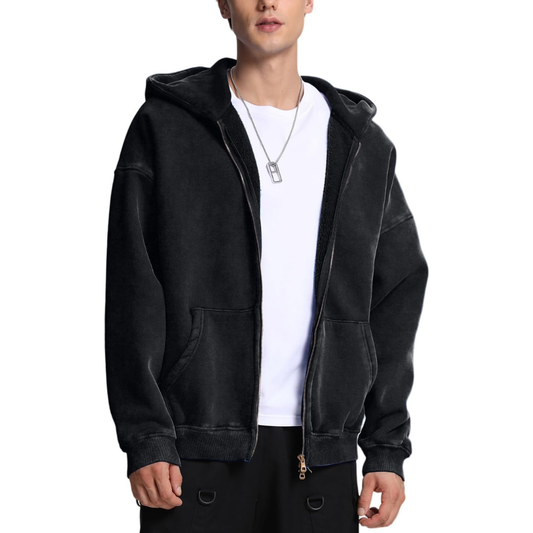 Mens Oversized Zip Up Hoodies Unisex Acid Wash Hoodie Heavyweight Fleece Cotton Zipper Sweatshirt for Men Winter