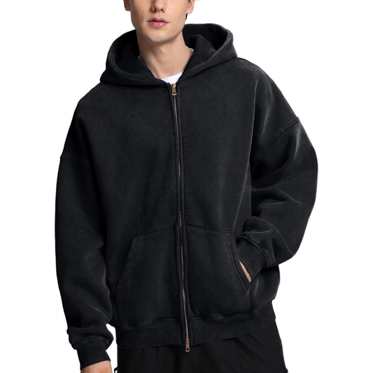 Mens Oversized Zip Up Hoodies Unisex Acid Wash Hoodie Heavyweight Fleece Cotton Zipper Sweatshirt for Men Winter