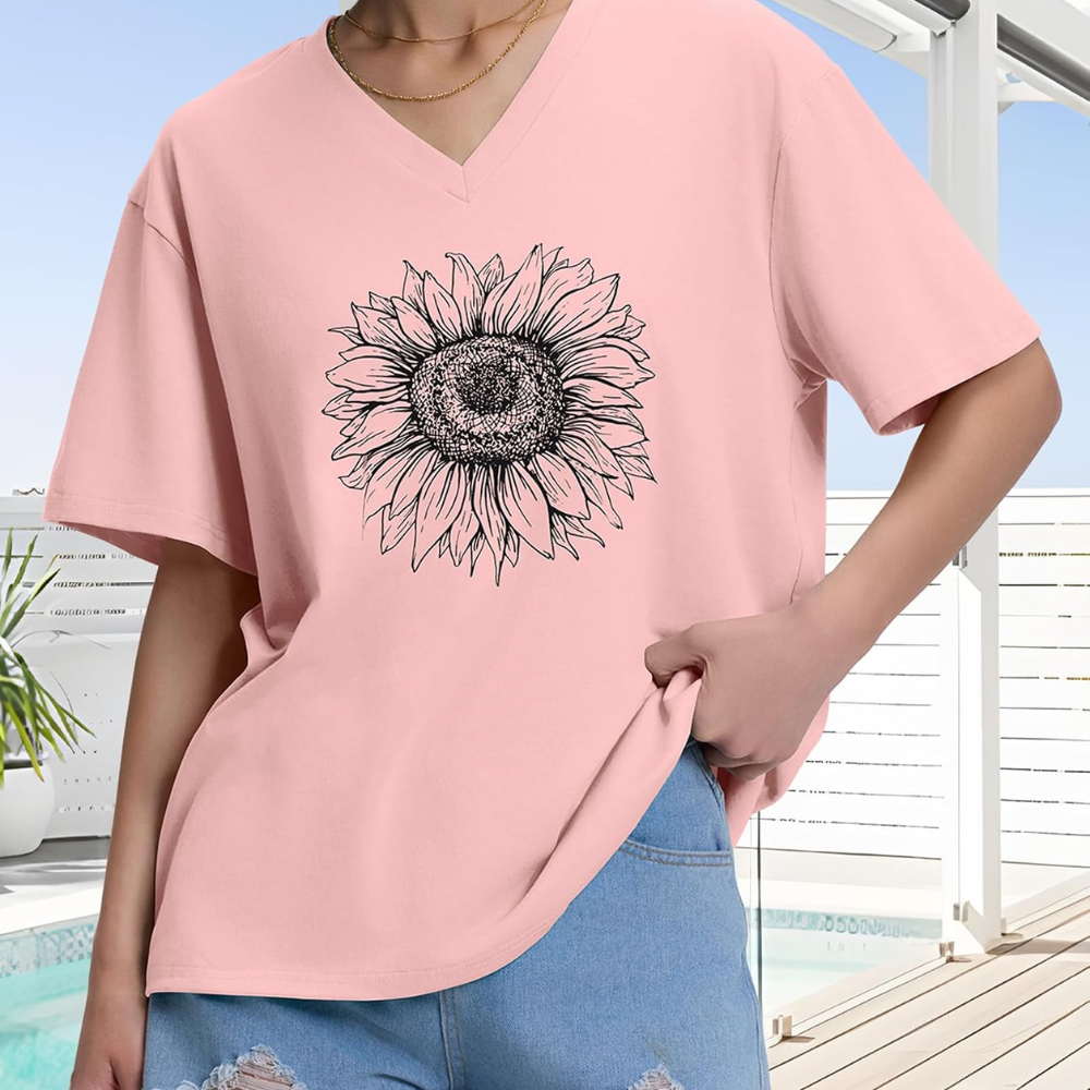 Oversized T Shirts for Women Summer Short Sleeve V Neck Casual Basic Tee Tops