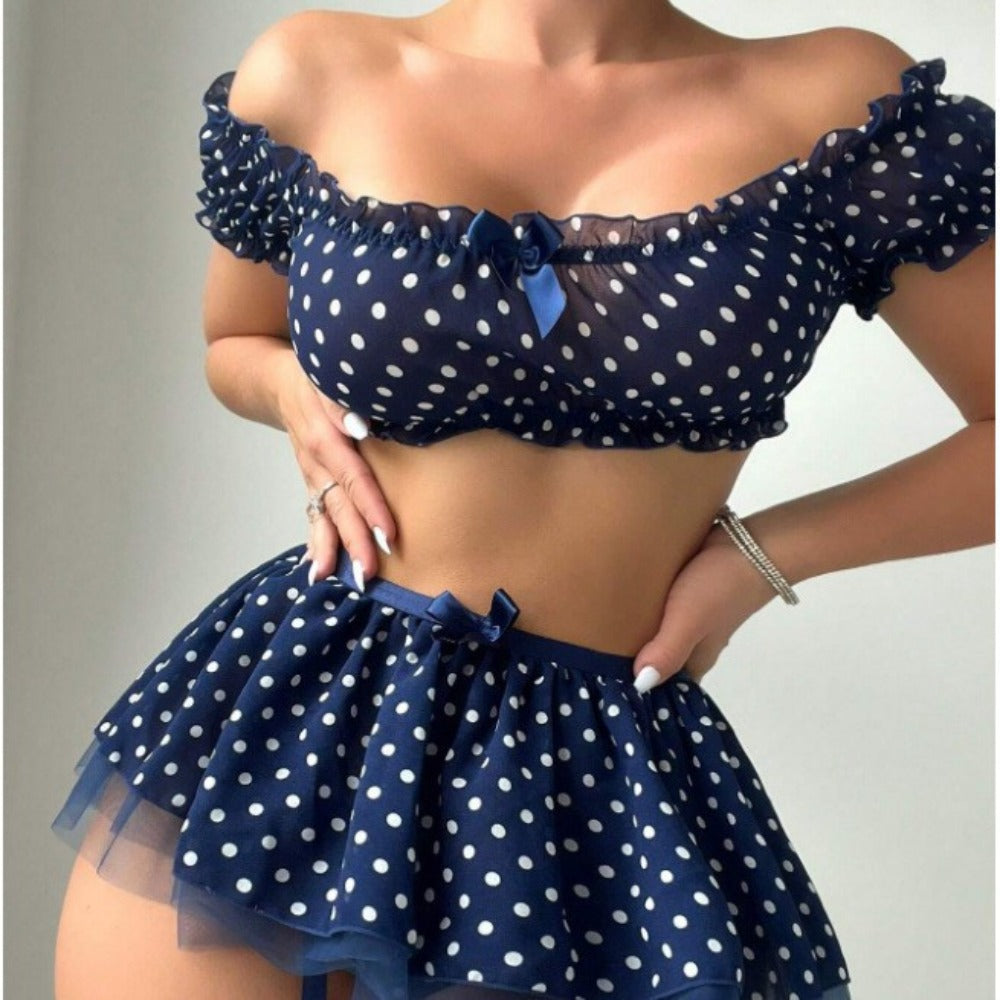 Women's Polka Dot Tutu Lingerie Set – Off-Shoulder 2-Piece Outfit