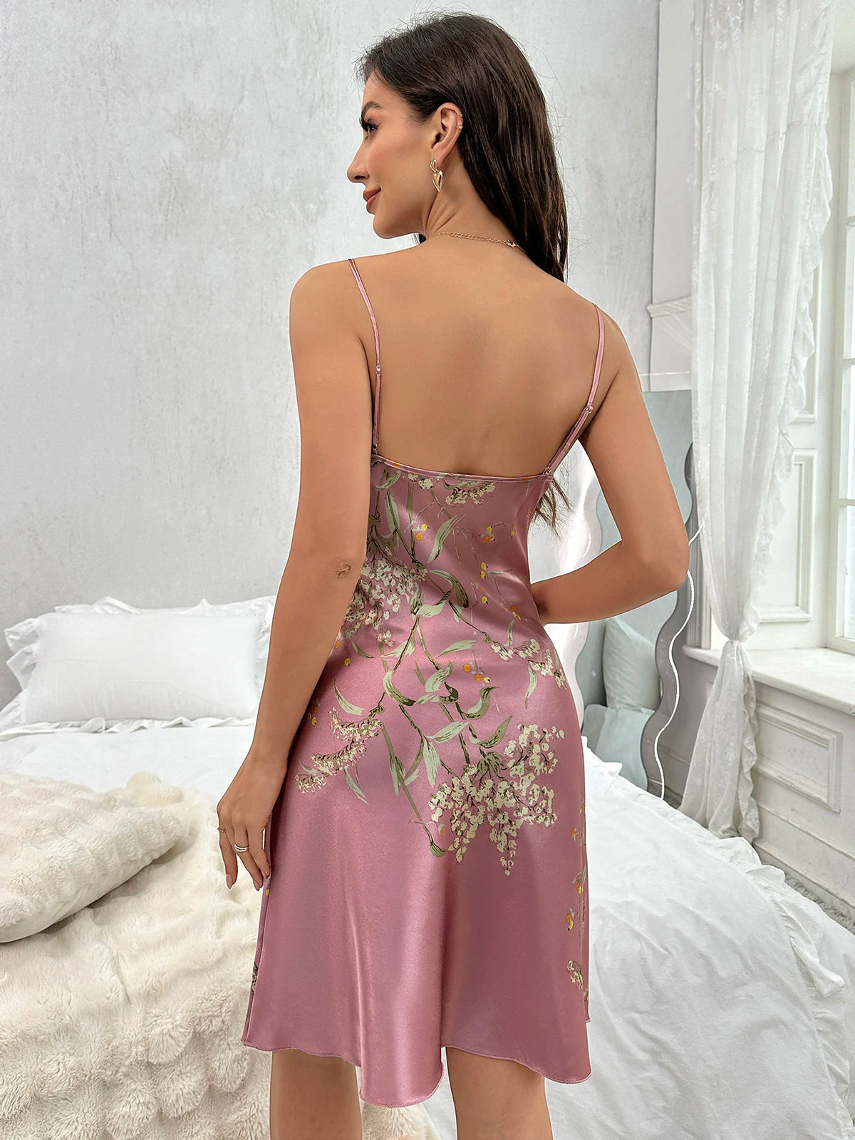 Women’s Floral Print Nightdress | V-Neck Spaghetti Strap Sleep Dress | Soft Summer Nightgown