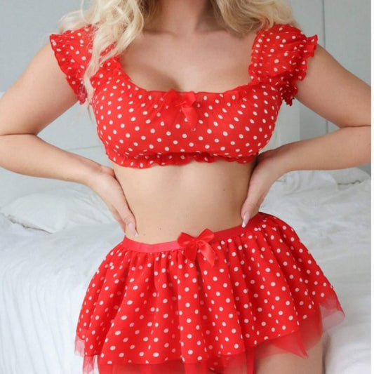 Women's Polka Dot Tutu Lingerie Set – Off-Shoulder 2-Piece Outfit