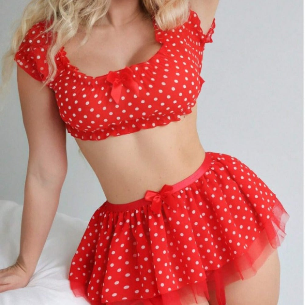 Women's Polka Dot Tutu Lingerie Set – Off-Shoulder 2-Piece Outfit
