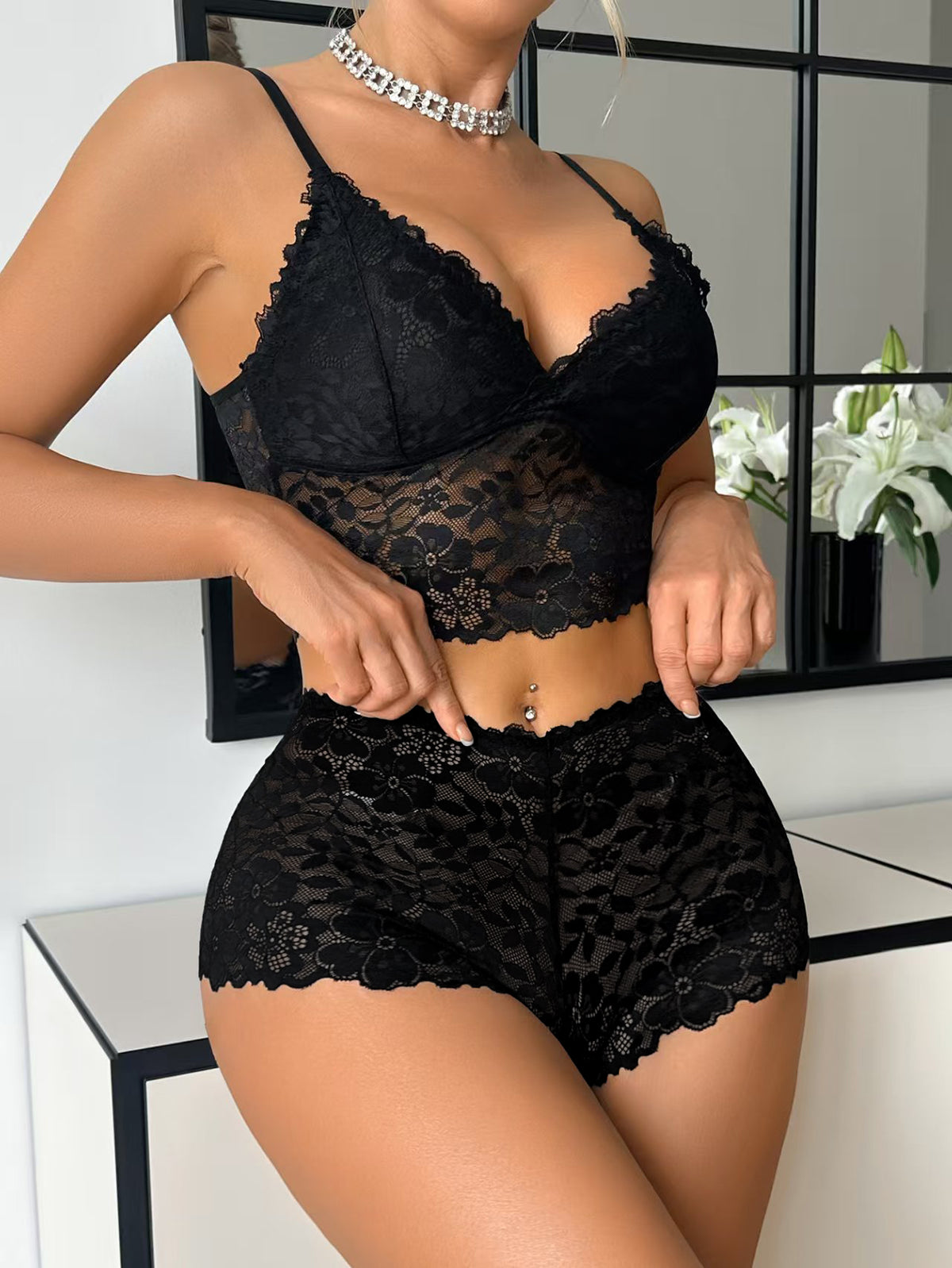 Women's Floral Lace Lingerie Set – Wireless Unlined Bra & Panty