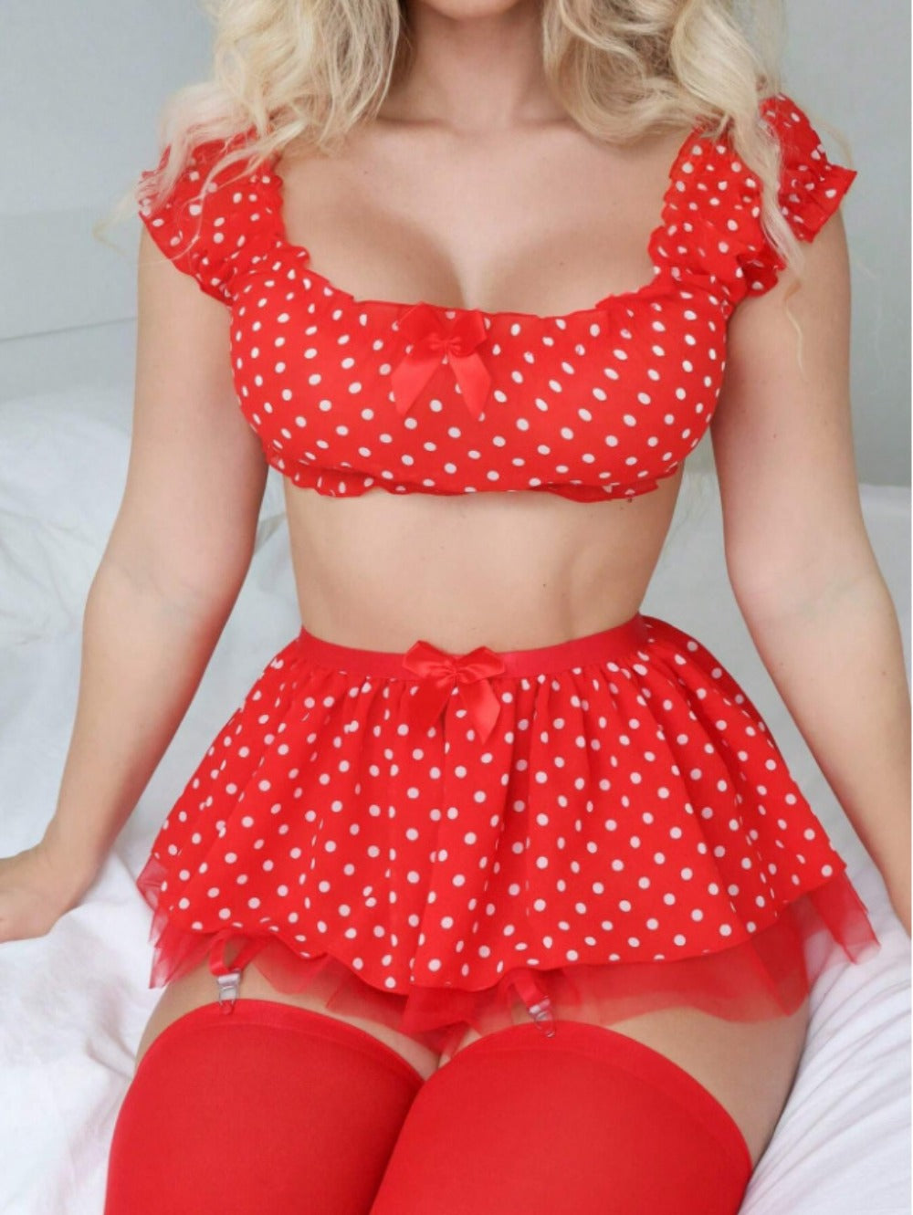 Women's Polka Dot Tutu Lingerie Set – Off-Shoulder 2-Piece Outfit